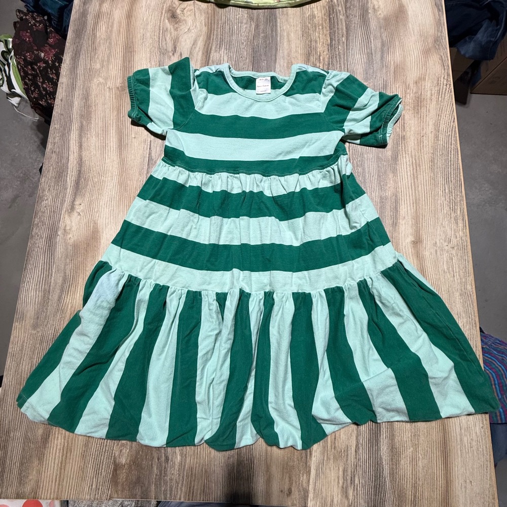 Hanna Andersson Girls Green Striped Tiered Cotton Dress Size 8  Short Sleeve